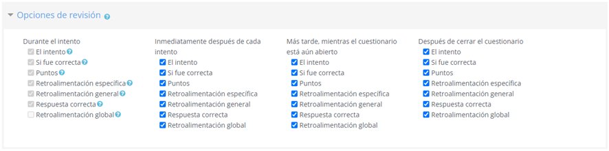 Opciones disponibles por defecto personalizables