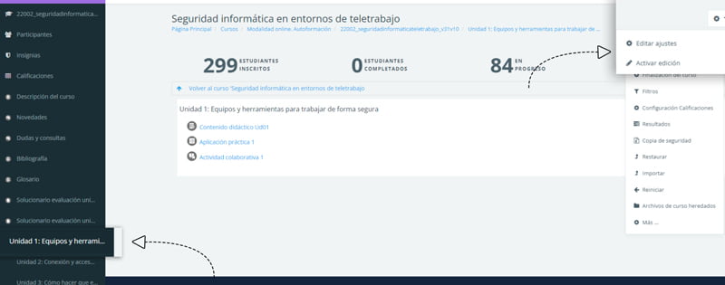 Panel Moodle unidades y actividades