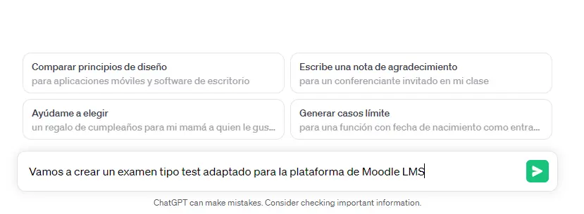 Orden a ChatGPT para enseñar que vamos a crear un test para Moodle