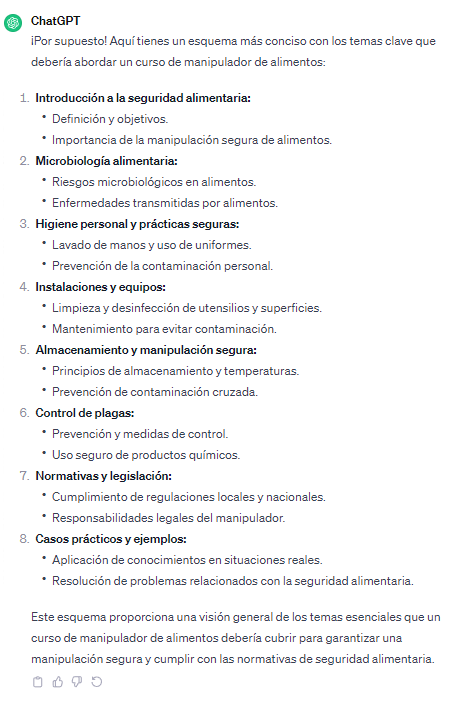 Esquema de temas generado por una IA para curso manipulador de alimentos