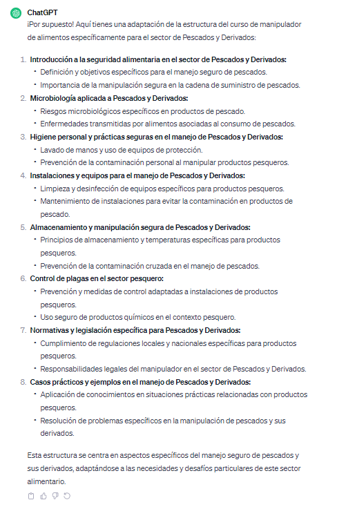 Propuesta de temas par el curso de Manipulador de alimentos del sector de pescados y sus derivados ofrecido por chat GPT 