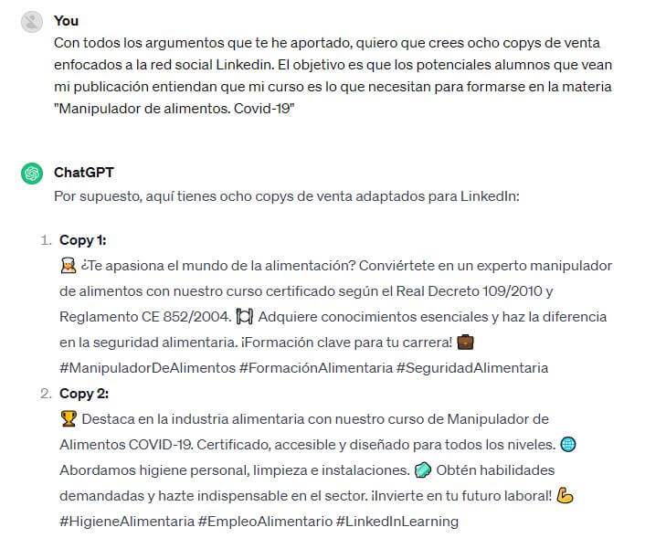 Promt Chat GPT cómo pedir que nos genere argumentos de venta de nuestros cursos para medios de captación.